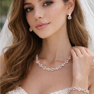 Handmade Crystal Jewelry Set – Necklace, Bracelet & Earrings | Blush Pink | New